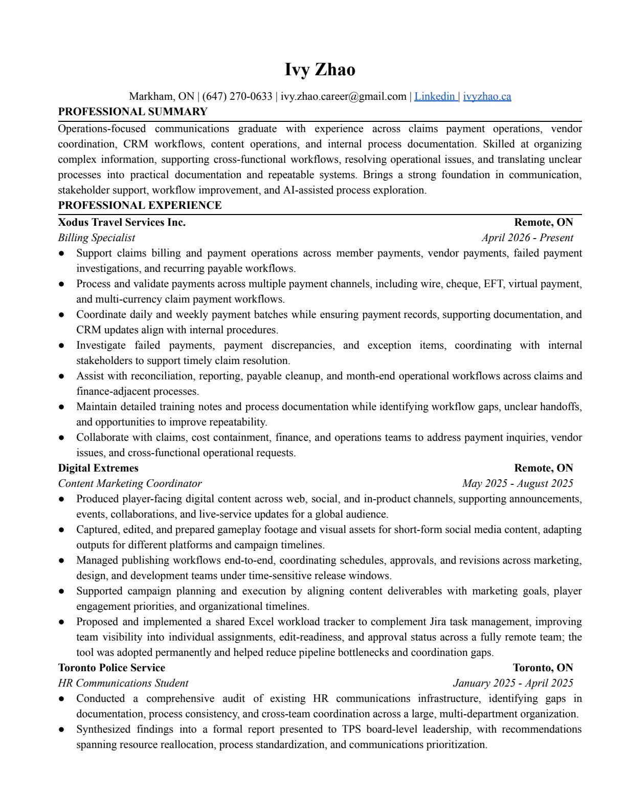 Preview of the first page of Ivy Zhao's resume