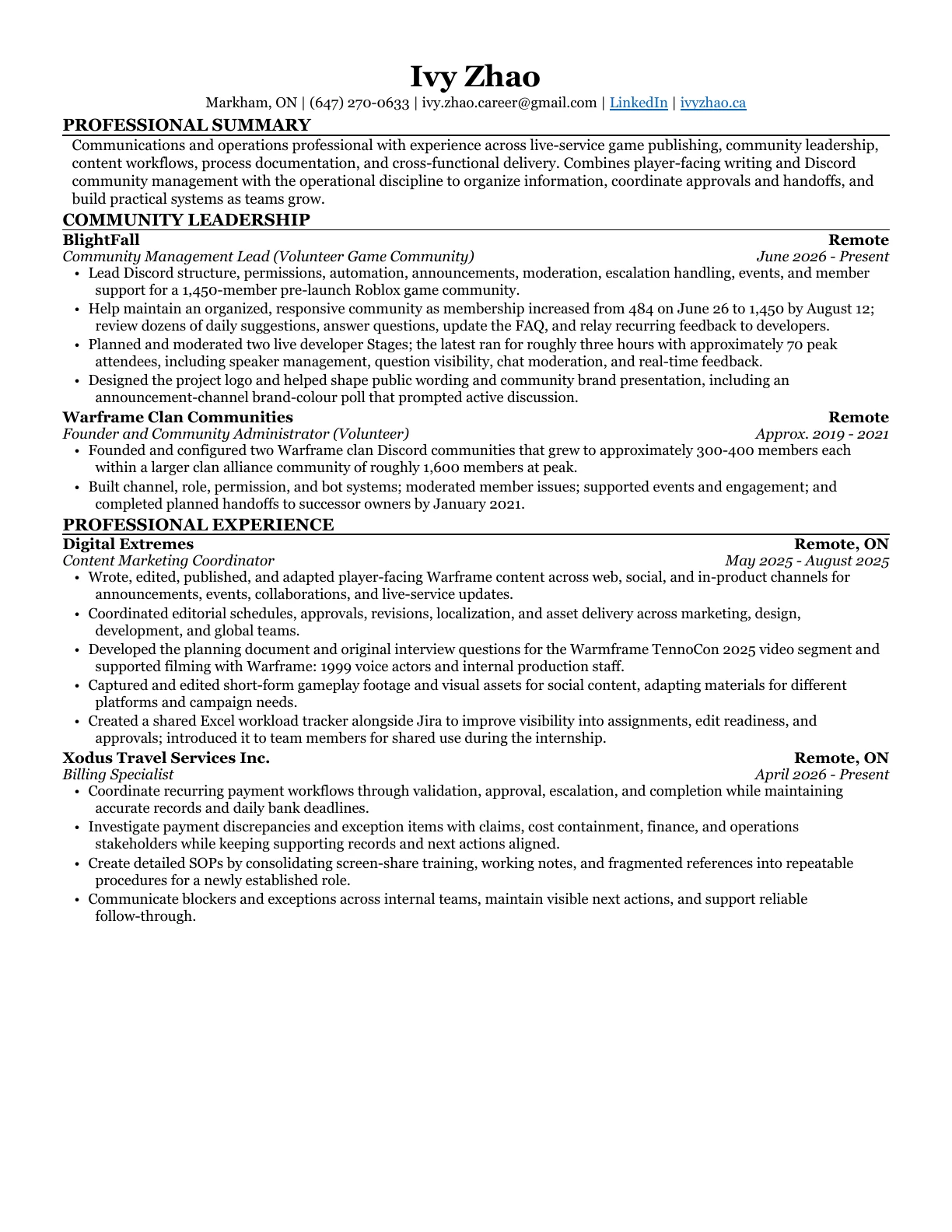 Preview of the first page of Ivy Zhao's resume