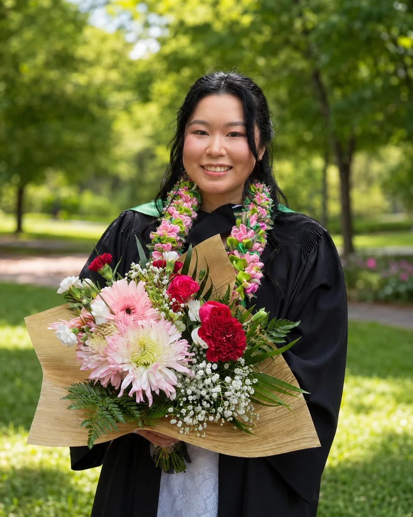Ivy Zhao in her graduation gown holding a bouquet